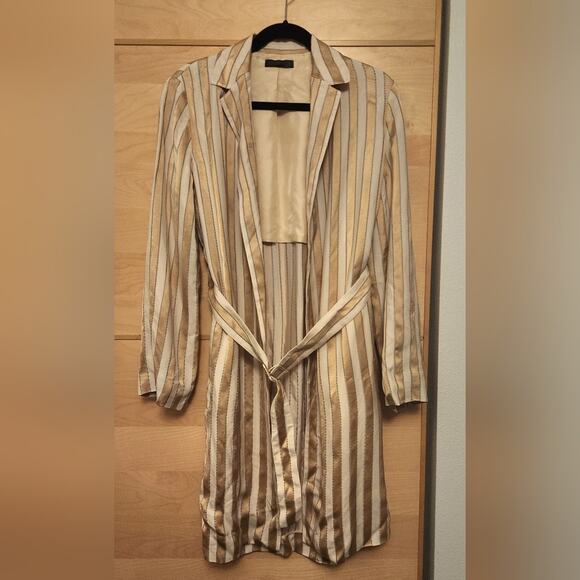 The Row Blush Ivory Striped Stervis Open Satin Trench Coat Size Small